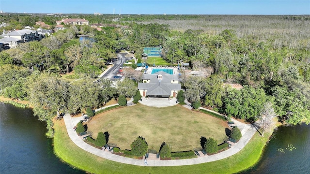 aerial view featuring a water view