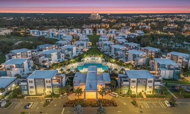 view of aerial view at dusk