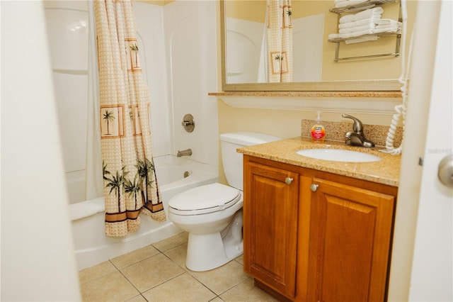 full bath featuring tile patterned flooring, vanity, toilet, and shower / tub combo