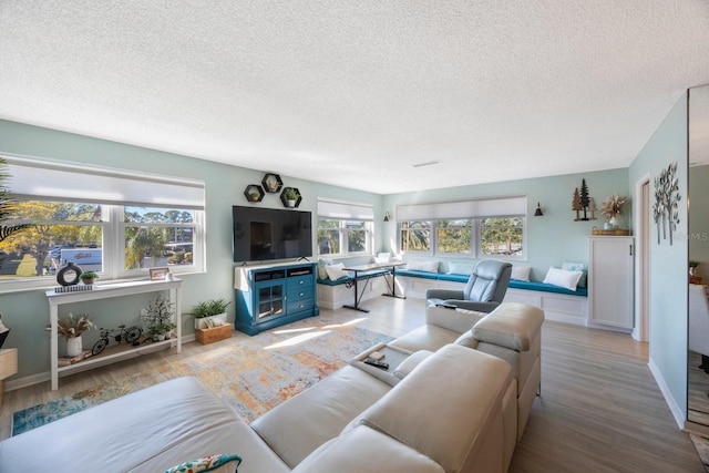 living area featuring a textured ceiling, wood finished floors, and baseboards