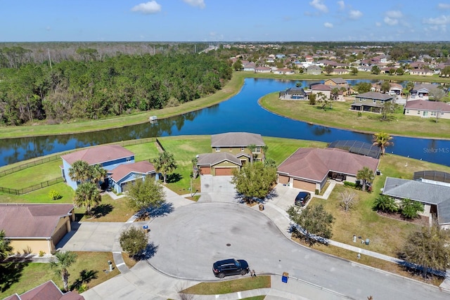 aerial view featuring a residential view and a water view