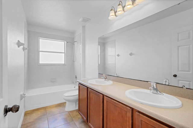 full bathroom featuring double vanity,  shower combination, a sink, and tile patterned floors