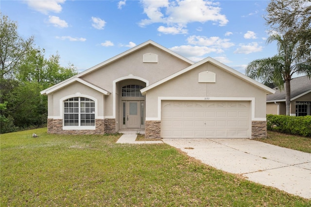 view of front of property with stone siding, an attached garage, and stucco siding