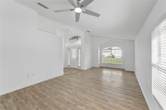 unfurnished living room with lofted ceiling, visible vents, ceiling fan, and light wood finished floors