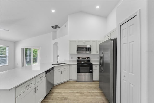 kitchen featuring lofted ceiling, stainless steel appliances, a sink, and visible vents