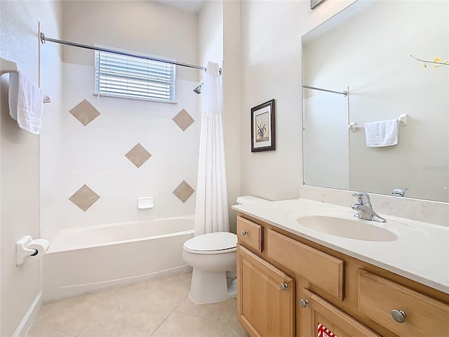 full bathroom featuring shower / bath combination with curtain, vanity, toilet, and tile patterned floors