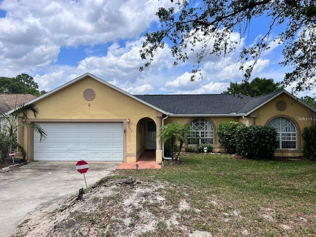 single story home with stucco siding, a front lawn, driveway, roof with shingles, and a garage