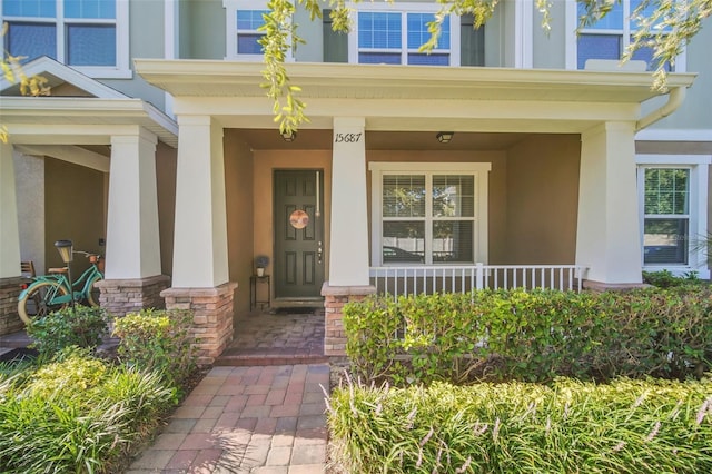 doorway to property with stone siding, covered porch, and stucco siding