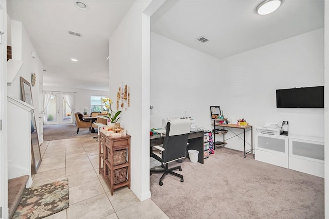 home office featuring tile patterned floors, visible vents, and carpet floors