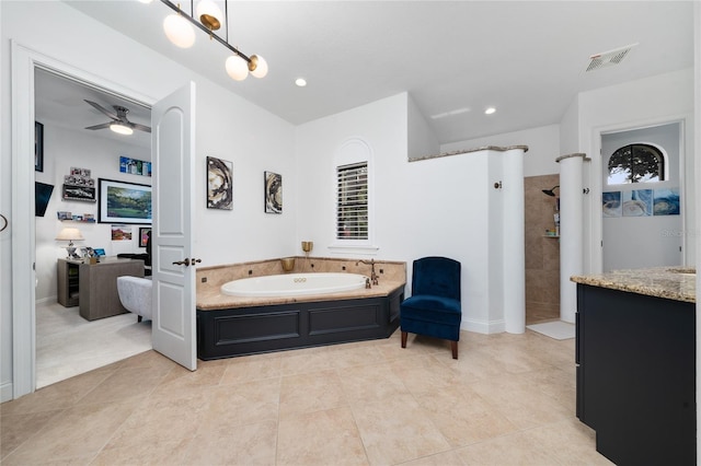 full bathroom featuring visible vents, a ceiling fan, a garden tub, a walk in shower, and recessed lighting