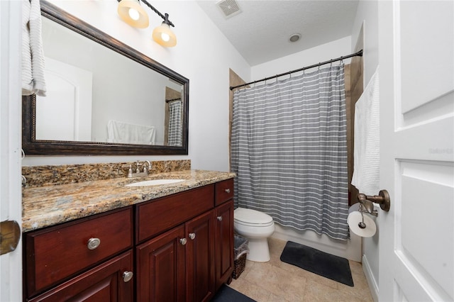 full bath featuring visible vents, toilet, vanity, a textured ceiling, and tile patterned floors