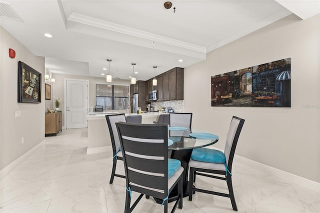 dining room with recessed lighting, visible vents, baseboards, marble finish floor, and crown molding