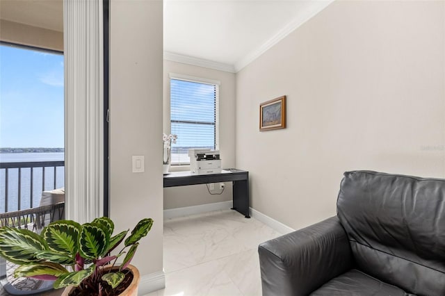 sitting room with ornamental molding, marble finish floor, a water view, and baseboards