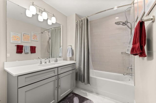 bathroom with vanity and shower / tub combo with curtain