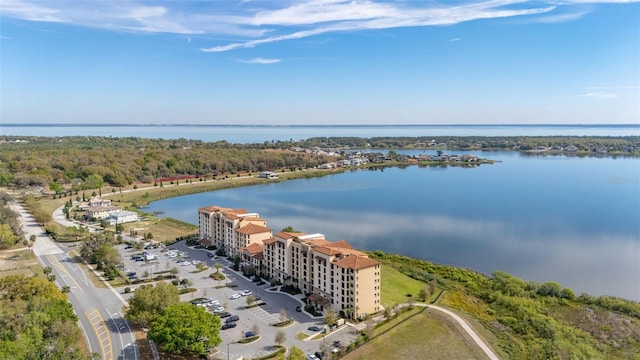 bird's eye view with a water view