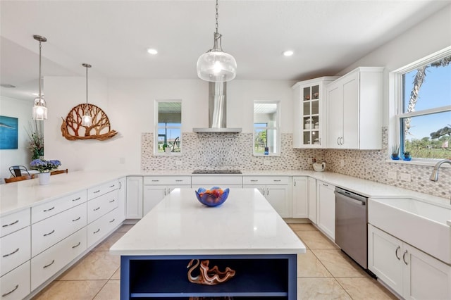 kitchen with dishwasher, wall chimney range hood, backsplash, and black electric cooktop