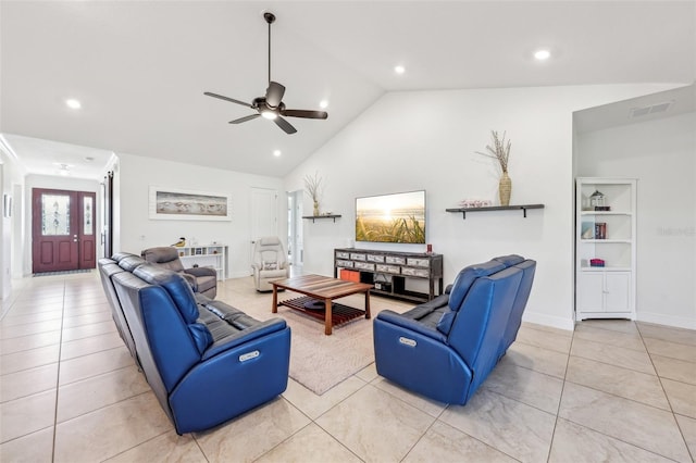 tiled living room with ceiling fan, high vaulted ceiling, recessed lighting, visible vents, and baseboards