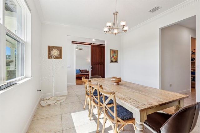 dining room featuring a notable chandelier, light tile patterned floors, visible vents, ornamental molding, and baseboards