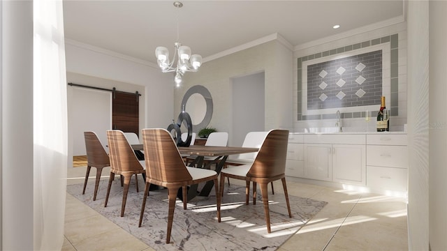 3607 Hidden River Ln, Tavares, FL 32778 - dining space featuring crown molding, light tile patterned floors, a barn door, bar, and a chandelier