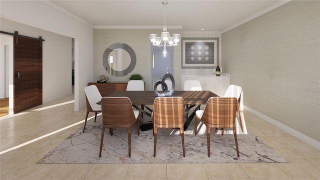 3607 Hidden River Ln, Tavares, FL 32778 - tiled dining area featuring a chandelier, a barn door, crown molding, and baseboards