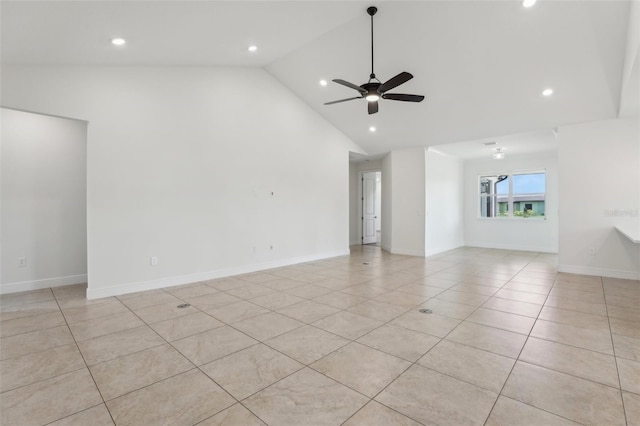 3607 Hidden River Ln, Tavares, FL 32778 - unfurnished living room with light tile patterned flooring, high vaulted ceiling, ceiling fan, recessed lighting, and baseboards