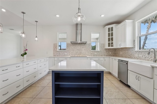 3607 Hidden River Ln, Tavares, FL 32778 - kitchen featuring wall chimney exhaust hood, beverage cooler, dishwasher, open shelves, and recessed lighting