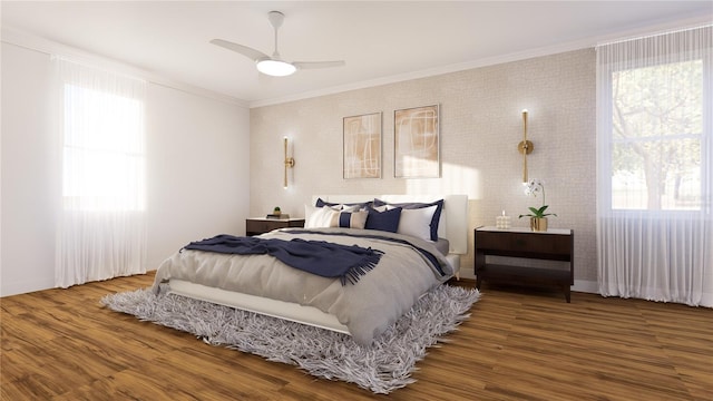 3607 Hidden River Ln, Tavares, FL 32778 - bedroom featuring wood finished floors, ornamental molding, a ceiling fan, and baseboards