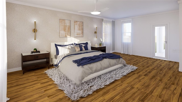 3607 Hidden River Ln, Tavares, FL 32778 - bedroom with ornamental molding, wood finished floors, baseboards, and a ceiling fan