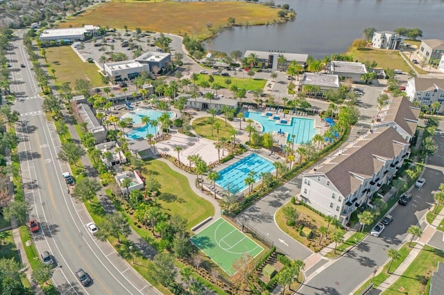 aerial view featuring a water view