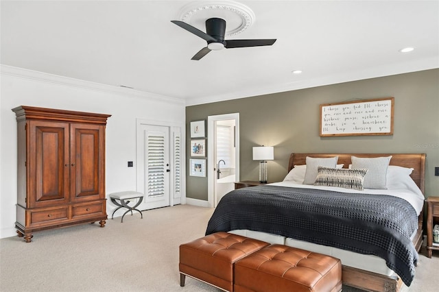 bedroom with a ceiling fan, baseboards, recessed lighting, ornamental molding, and light carpet