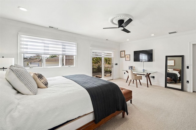 bedroom featuring access to exterior, light colored carpet, visible vents, and ornamental molding