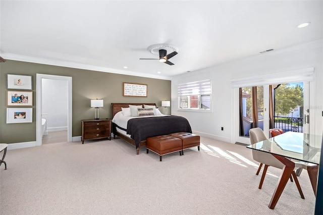 bedroom featuring light carpet, ornamental molding, access to outside, recessed lighting, and baseboards