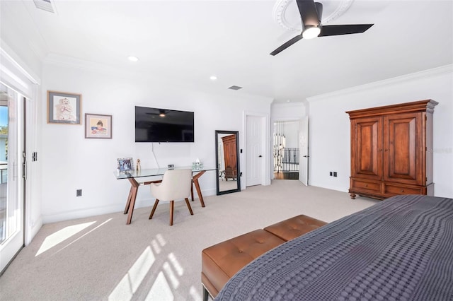 bedroom featuring visible vents, access to outside, crown molding, baseboards, and light colored carpet