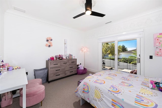 bedroom with visible vents, a ceiling fan, carpet flooring, crown molding, and access to exterior