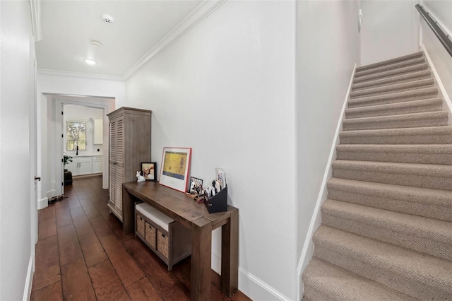 stairway with hardwood / wood-style floors, baseboards, and ornamental molding