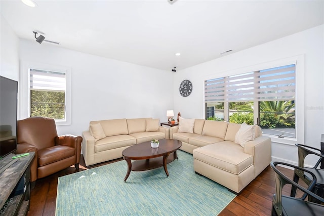 living room with plenty of natural light, dark wood-type flooring, and visible vents