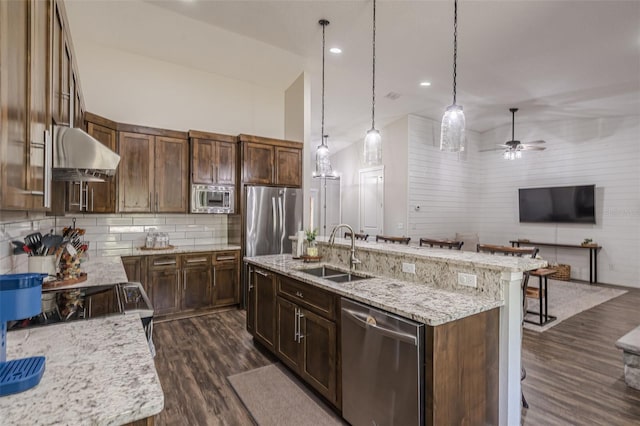 kitchen featuring a sink, under cabinet range hood, tasteful backsplash, stainless steel appliances, and dark wood-style flooring