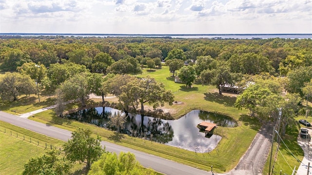 aerial view featuring a wooded view and a water view