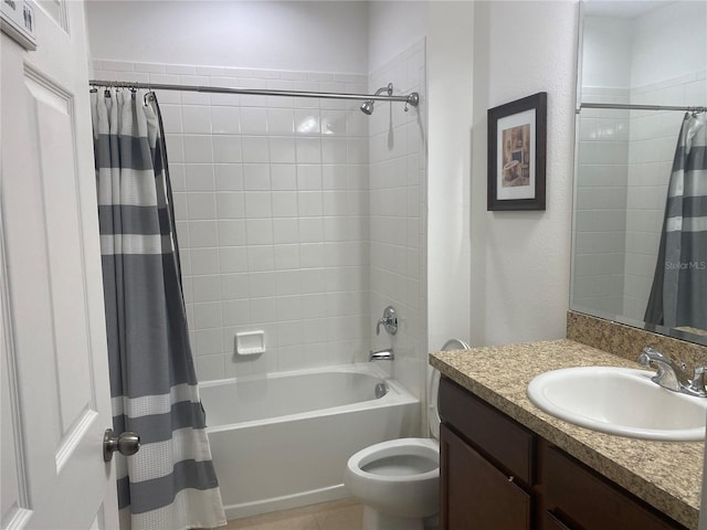 full bathroom with vanity, shower / bath combination with curtain, toilet, and tile patterned flooring