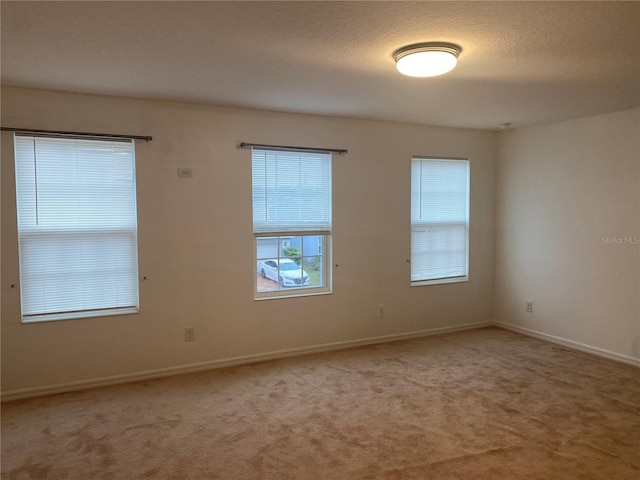 carpeted spare room featuring baseboards and a textured ceiling