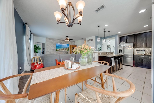 dining room with light tile patterned floors, visible vents, ceiling fan, and recessed lighting