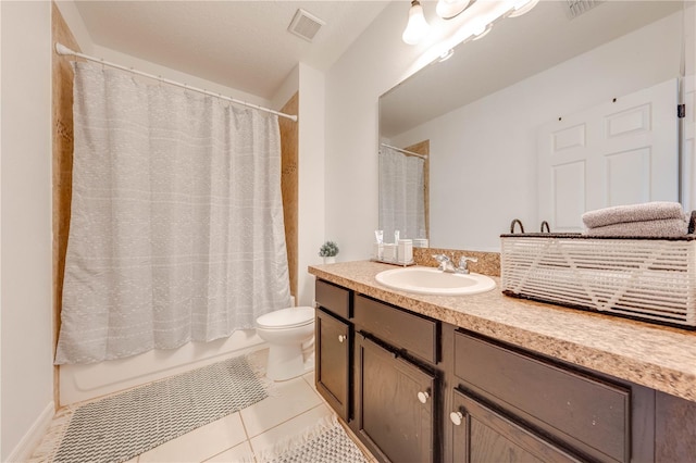 full bathroom with visible vents, toilet, shower / tub combo, tile patterned flooring, and vanity