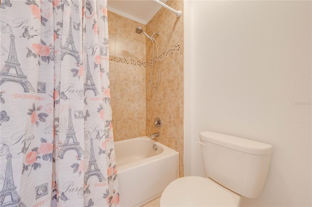 bathroom with toilet and shower / bathtub combination with curtain