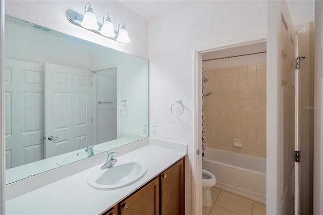 bathroom with tile patterned floors, visible vents, toilet, shower / bath combo, and vanity