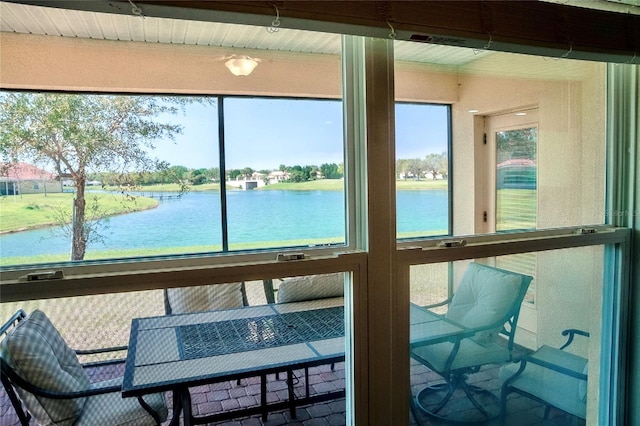 interior space featuring a water view