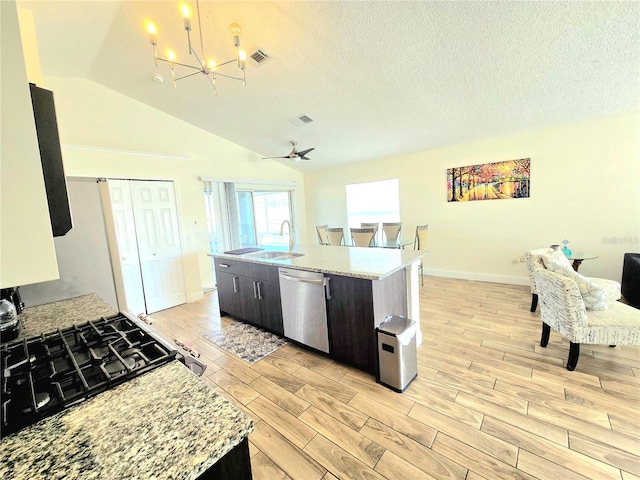 kitchen with wood finish floors, visible vents, a notable chandelier, and dishwasher