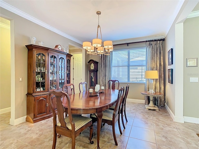 dining space with ornamental molding, baseboards, light tile patterned floors, and a chandelier
