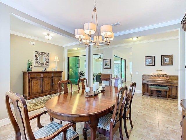 dining space featuring light tile patterned floors, baseboards, visible vents, ornamental molding, and ceiling fan with notable chandelier