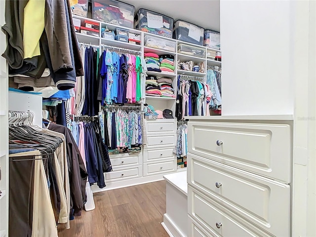 walk in closet with wood finished floors