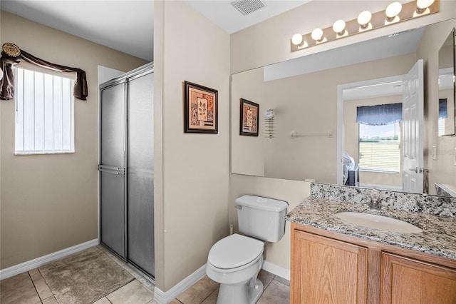 bathroom with tile patterned floors, visible vents, a shower stall, and toilet